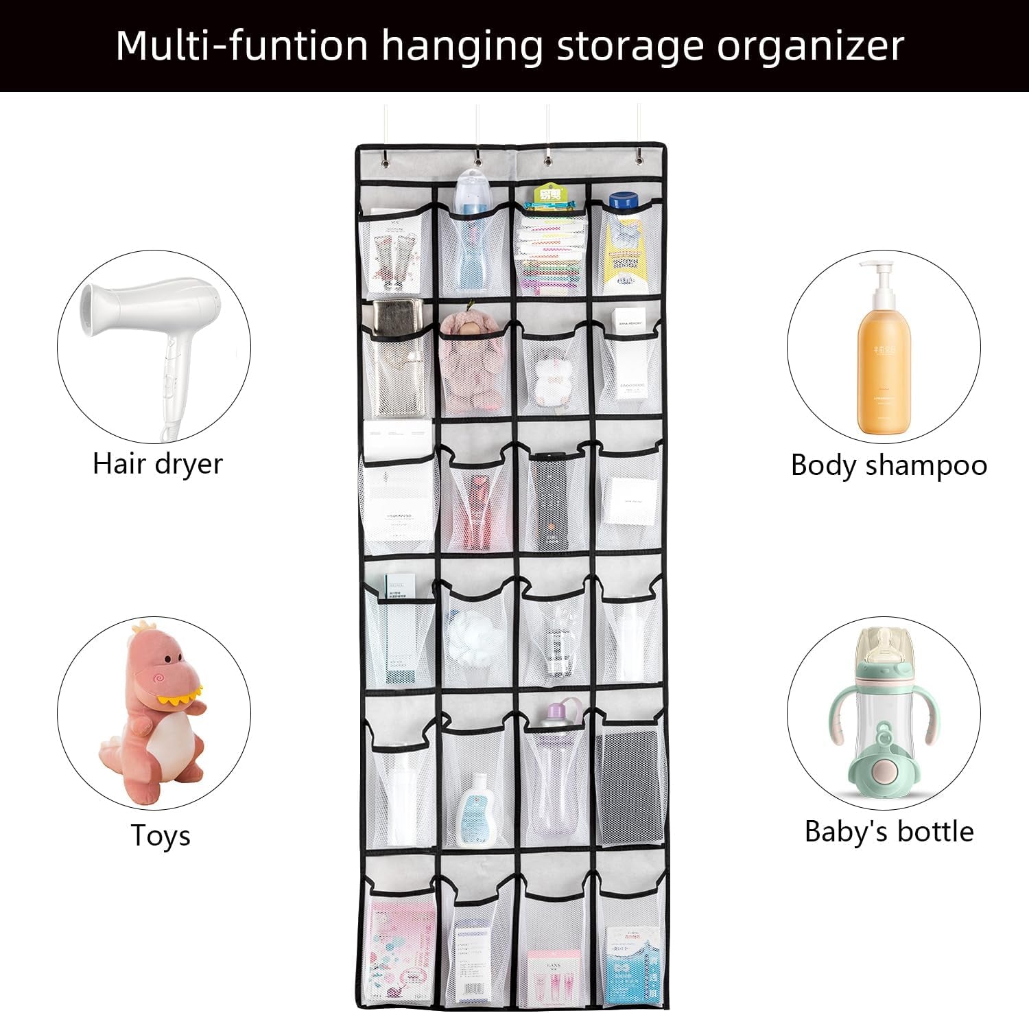 Over-the-Door Hanging Shoe Organizer – 24 Large Mesh Pockets Shoe Rack for Men, Women & Kids – Space-Saving Door Storage Bag (White)