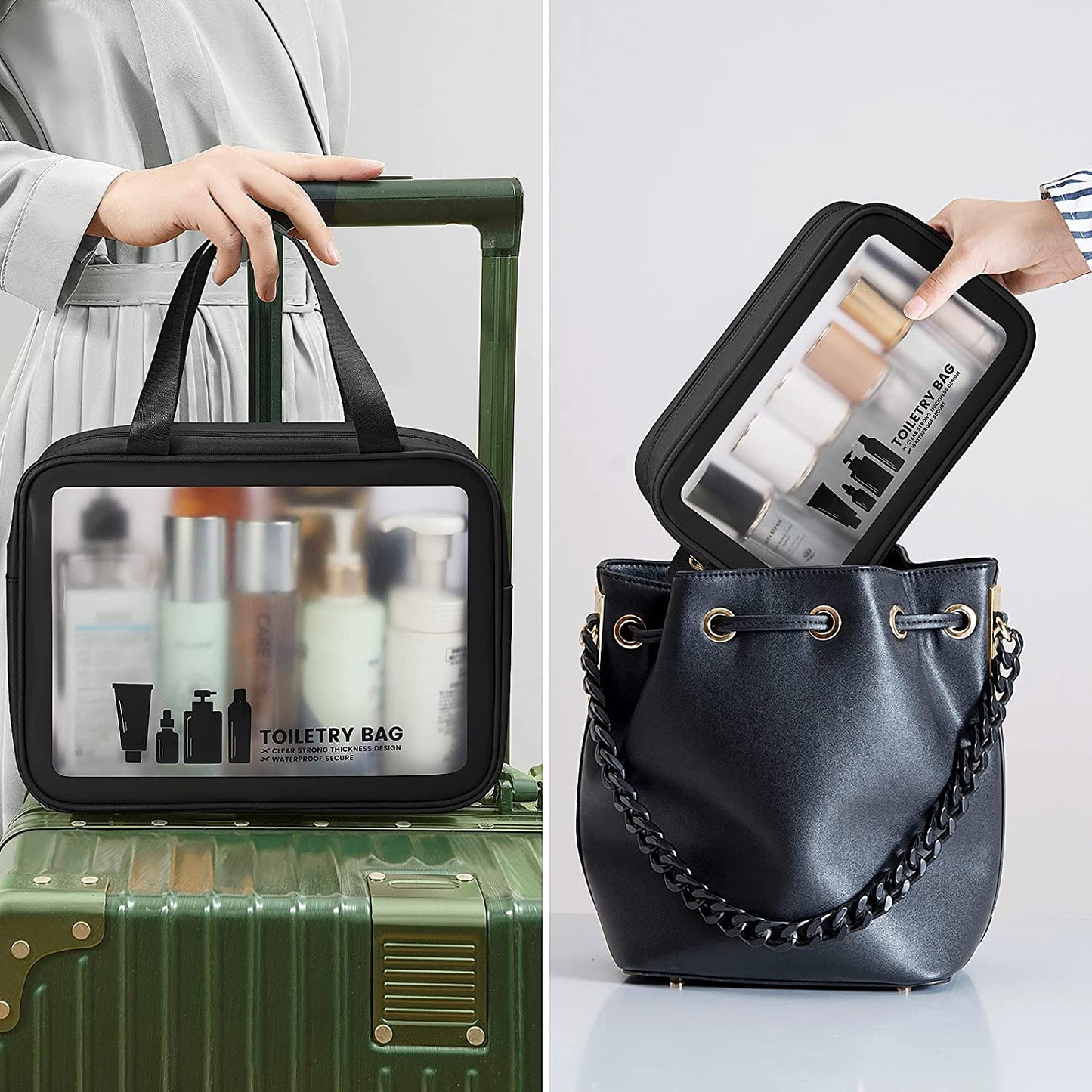 3-Piece Clear Toiletry Bag Set – Waterproof PVC Travel Makeup & Wash Bags with Zipper for Women & Men (Black)