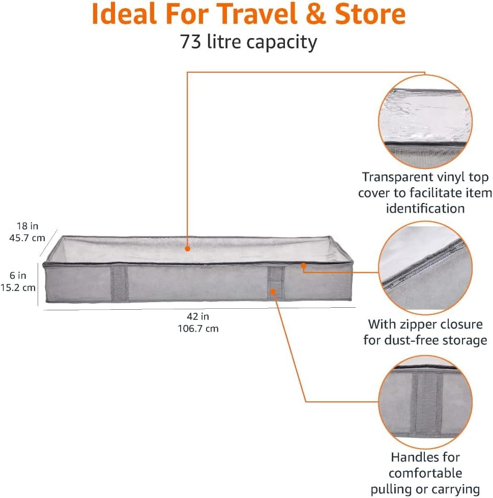 Underbed Storage Bags with Zipper & Clear Vinyl Top – 2-Pack Grey Organizers for Clothes, Bedding & Seasonal Items (45.7×106.7×15.2 cm)