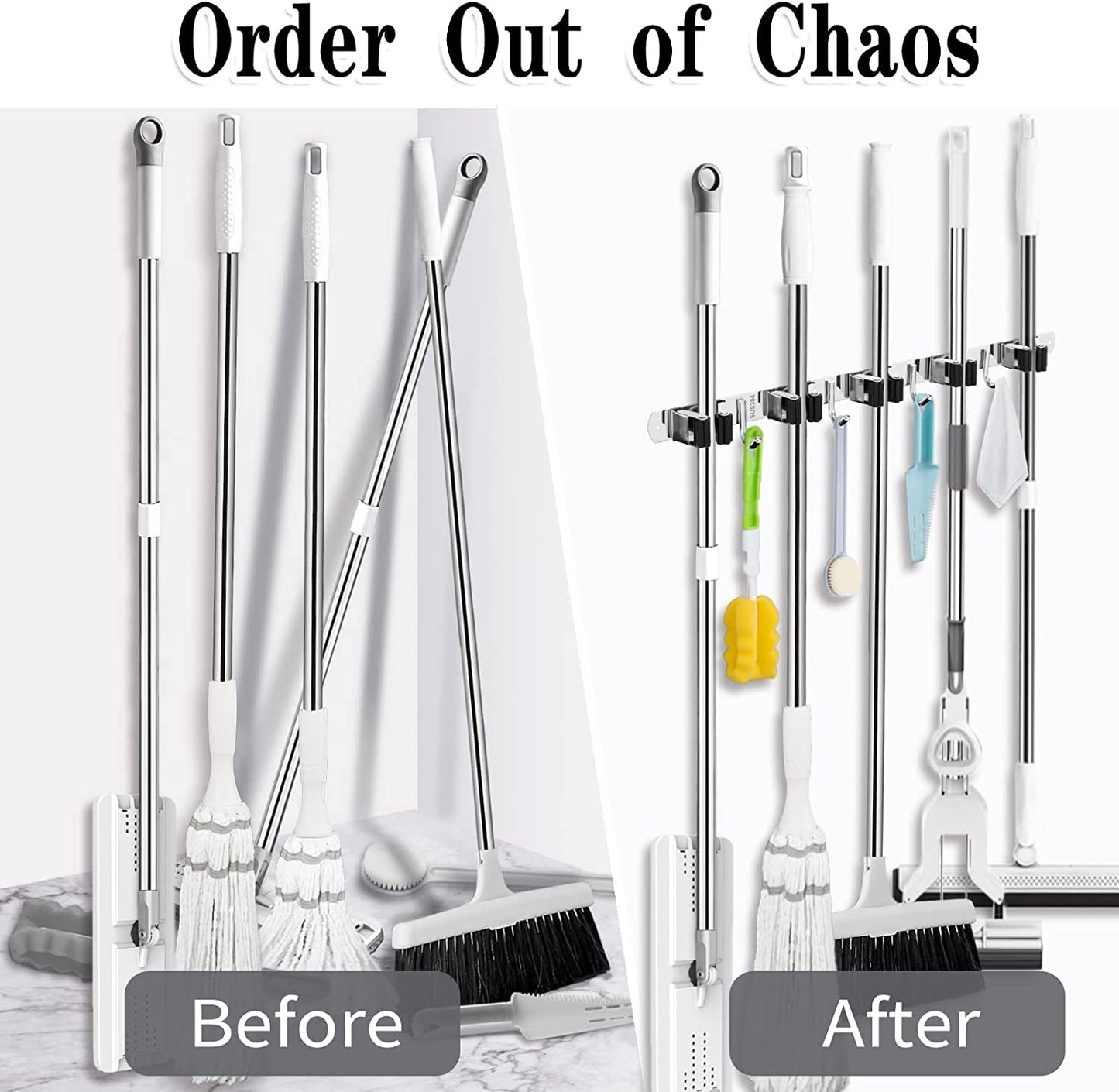 Wall-Mounted Broom & Mop Holder – Heavy Duty Stainless Steel Organizer with 5 Holders & 4 Hooks – Self-Adhesive or Nail Installation for Garage, Kitchen & Utility Room