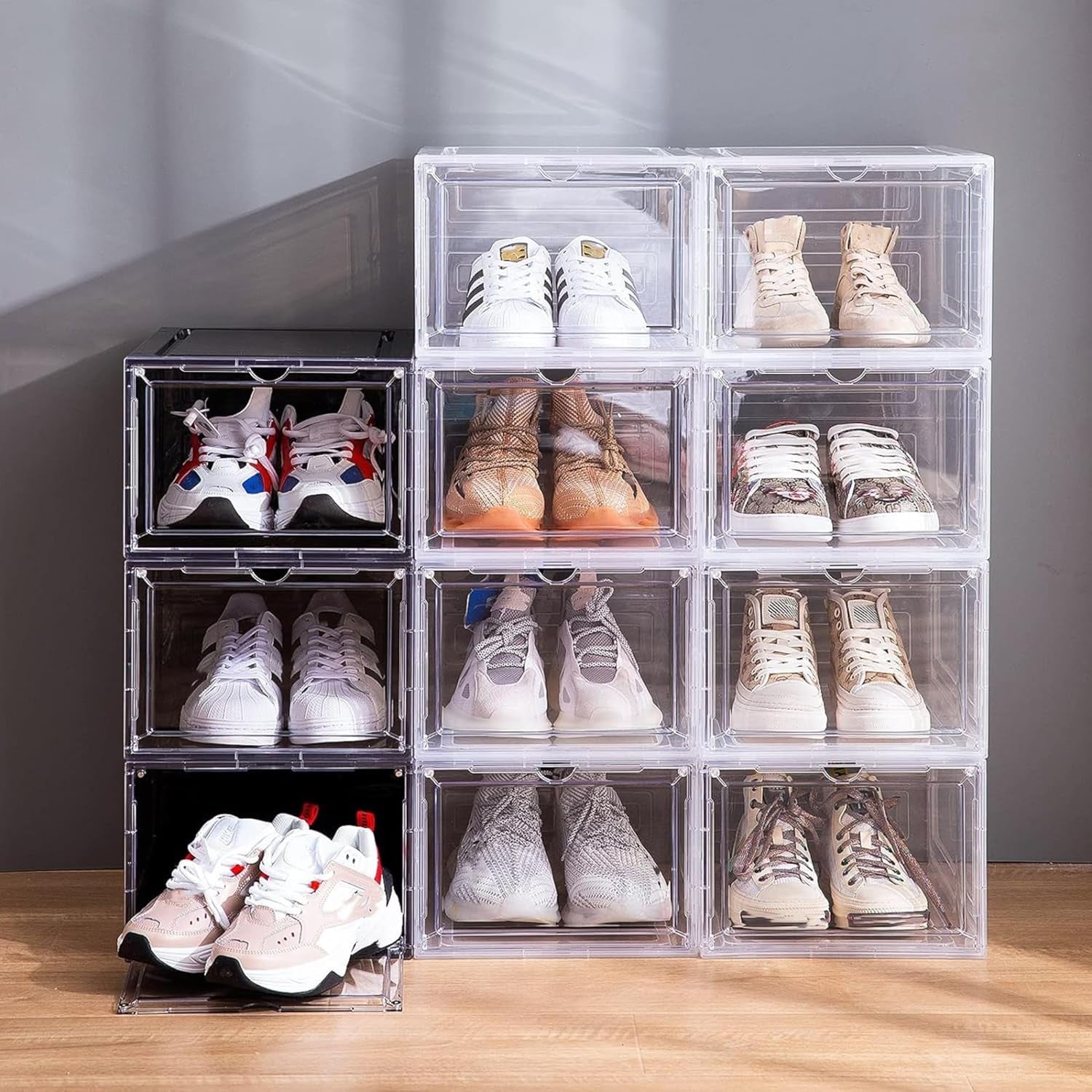 Drop-Front Shoe Storage Boxes – Set of 6 Stackable Clear Door Display Containers for Sneakers