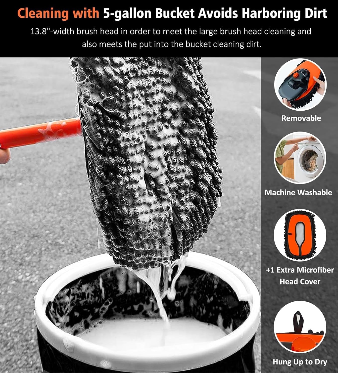 55" Extendable Car Wash Brush Mop – Soft Microfiber Cleaning Kit with Extra Mop Head & Storage Bag for Truck & SUV, Orange