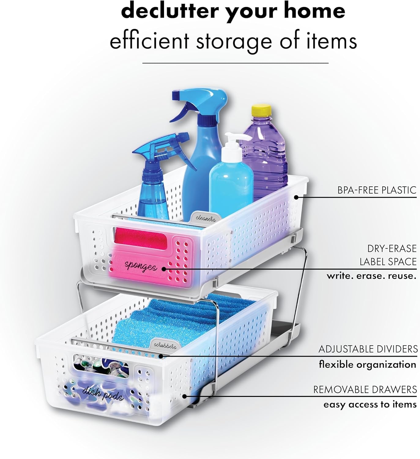 2-Tier Plastic Multipurpose Organizer Rack – Frosted Under-Sink Storage with Divided Slide-Out Bins for Cabinets, Bathrooms & Kitchen Spaces