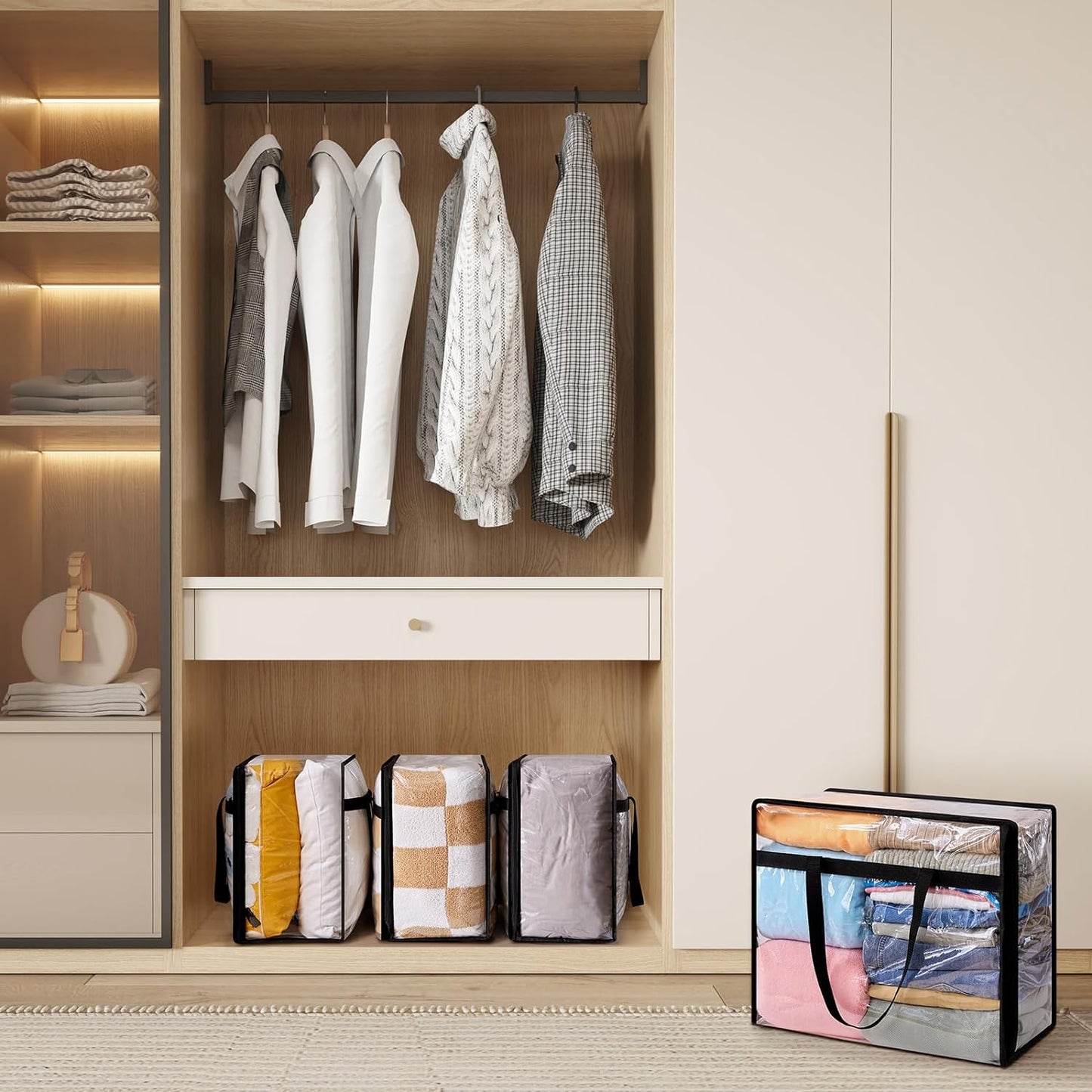 4-Pack Clear Heavy-Duty PVC Storage Bags – 40L Foldable Clothes Organizers with Reinforced Handles & Lids for Bedding, Wardrobe & Underbed Use
