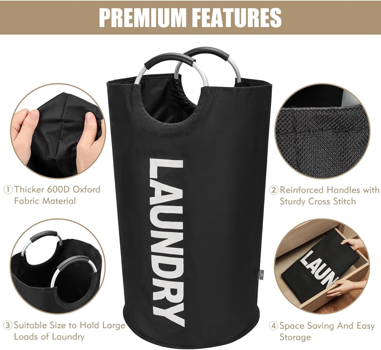 90L Large Collapsible Laundry Basket – Freestanding Tall Clothes Hamper & Foldable Washing Bin for Home, Dorm & Travel (Black)