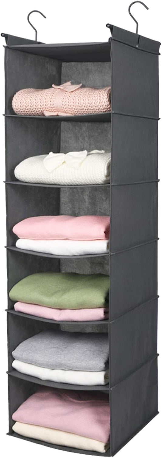 6-Tier Hanging Closet Organizer – Foldable Fabric Shelf with 2 Sturdy Hooks for Wardrobe & Storage Organization (Grey)