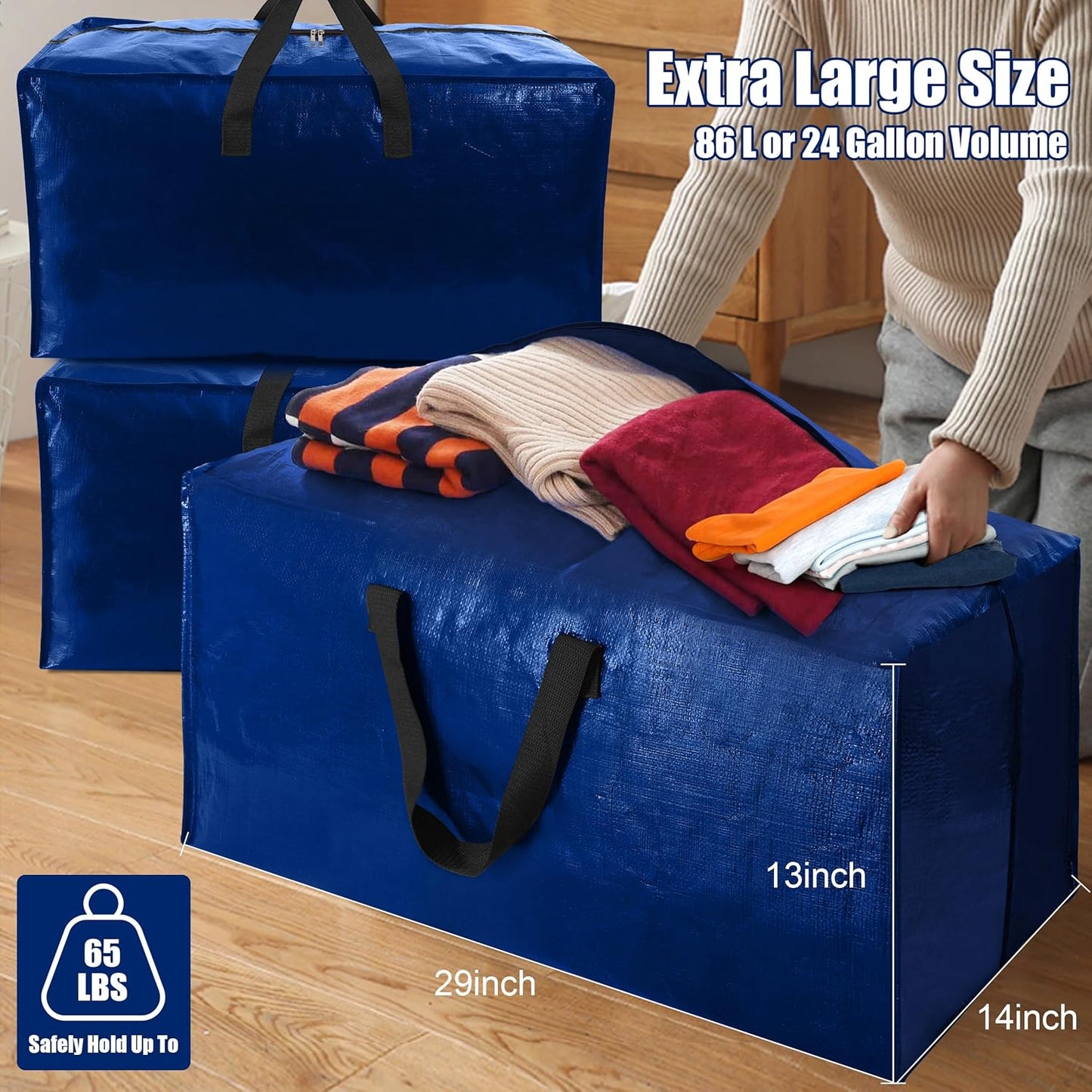 4-Pack Extra Large Moving Bags with Backpack Straps – Heavy Duty Foldable Storage Totes with Strong Zippers & Handles, Space-Saving Alternative to Boxes (X-Large, Blue)