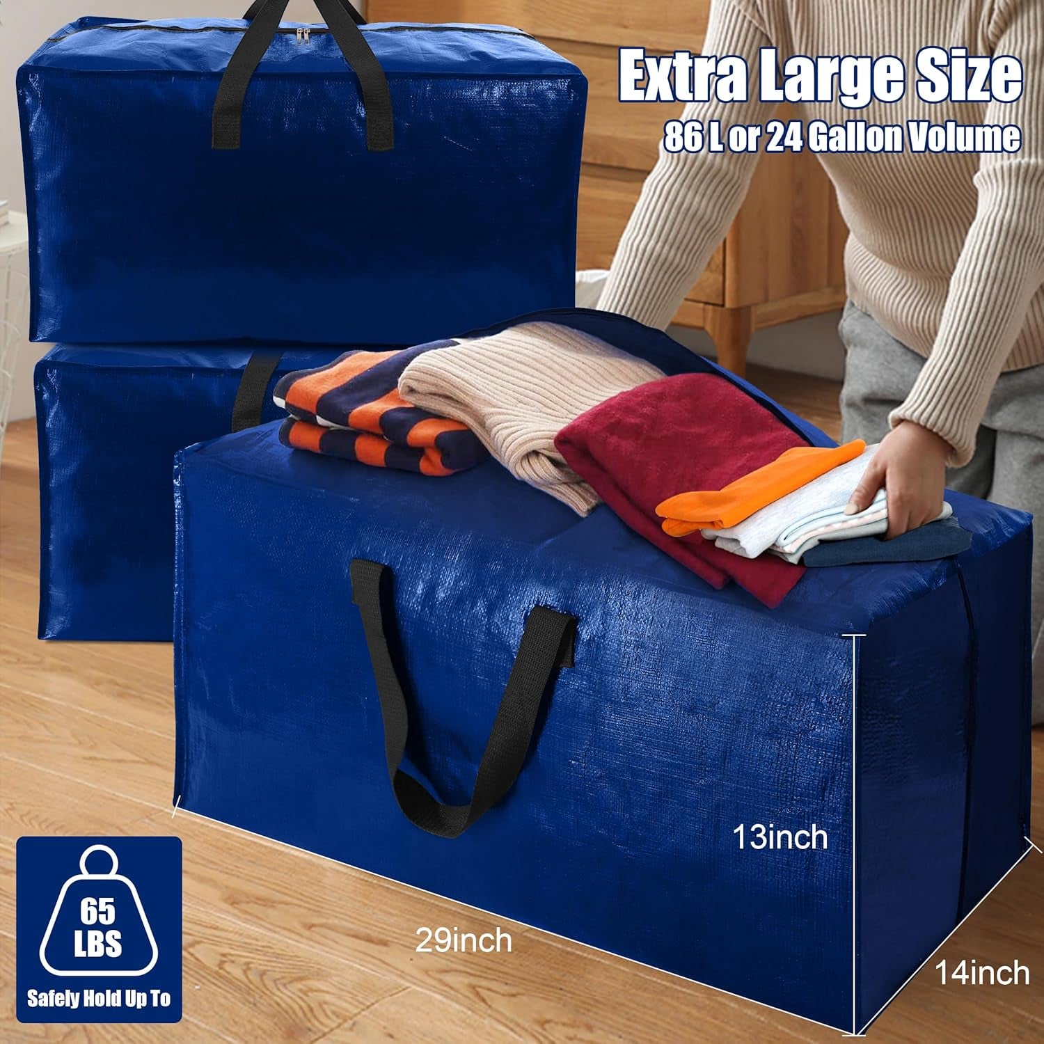 4-Pack Extra Large Moving Bags with Backpack Straps – Heavy Duty Foldable Storage Totes with Strong Zippers & Handles, Space-Saving Alternative to Boxes (X-Large, Blue)
