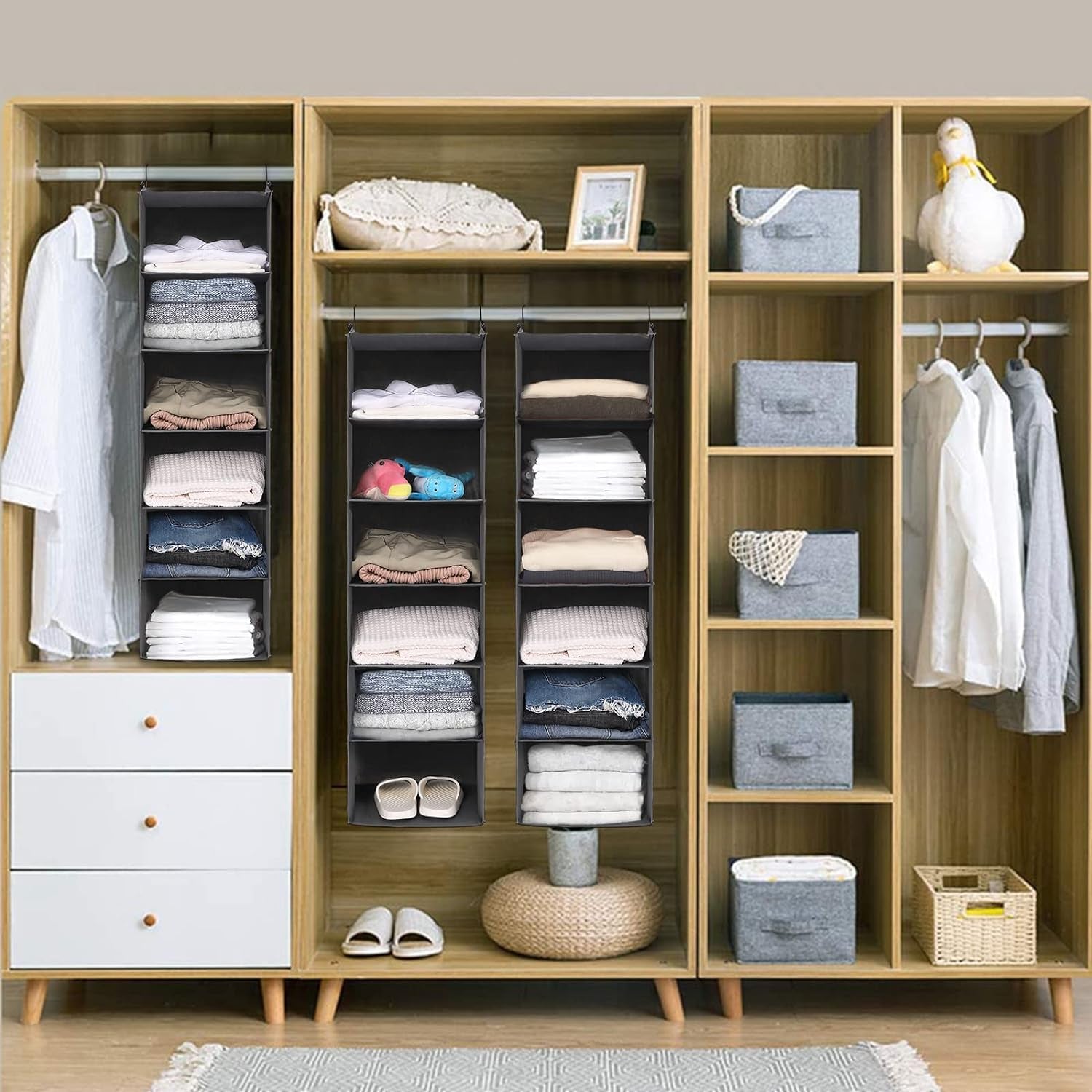 6-Tier Hanging Closet Organizer – Foldable Fabric Shelf with 2 Sturdy Hooks for Wardrobe & Storage Organization (Grey)