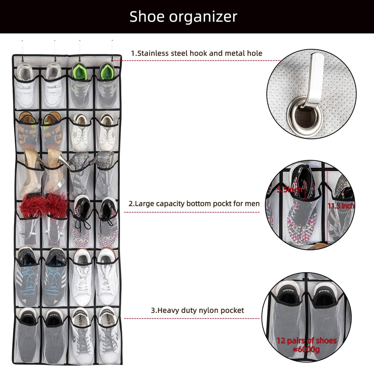 Over-the-Door Hanging Shoe Organizer – 24 Large Mesh Pockets Shoe Rack for Men, Women & Kids – Space-Saving Door Storage Bag (White)