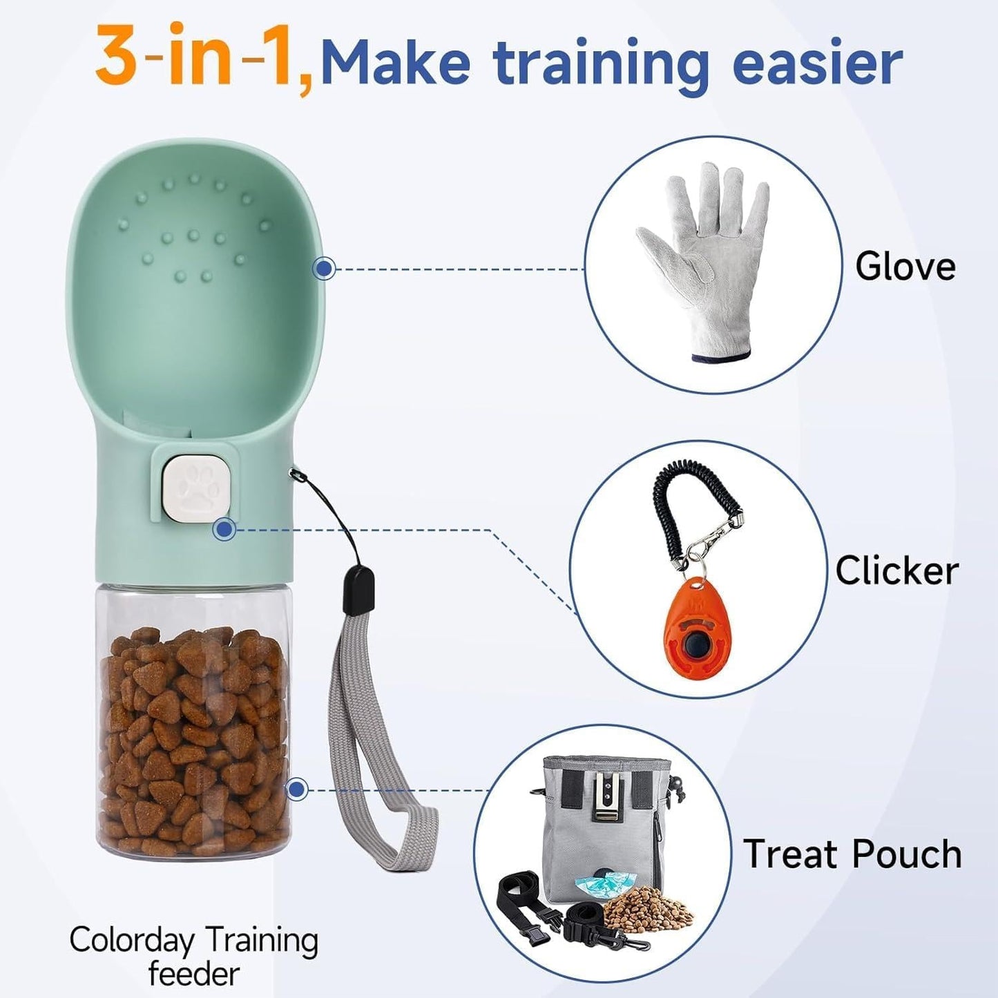 Handheld Dog Treat Dispenser with Built-In Clicker & Pouch – 6.7oz Green Feeder for Training, Walking, Hiking & Travel