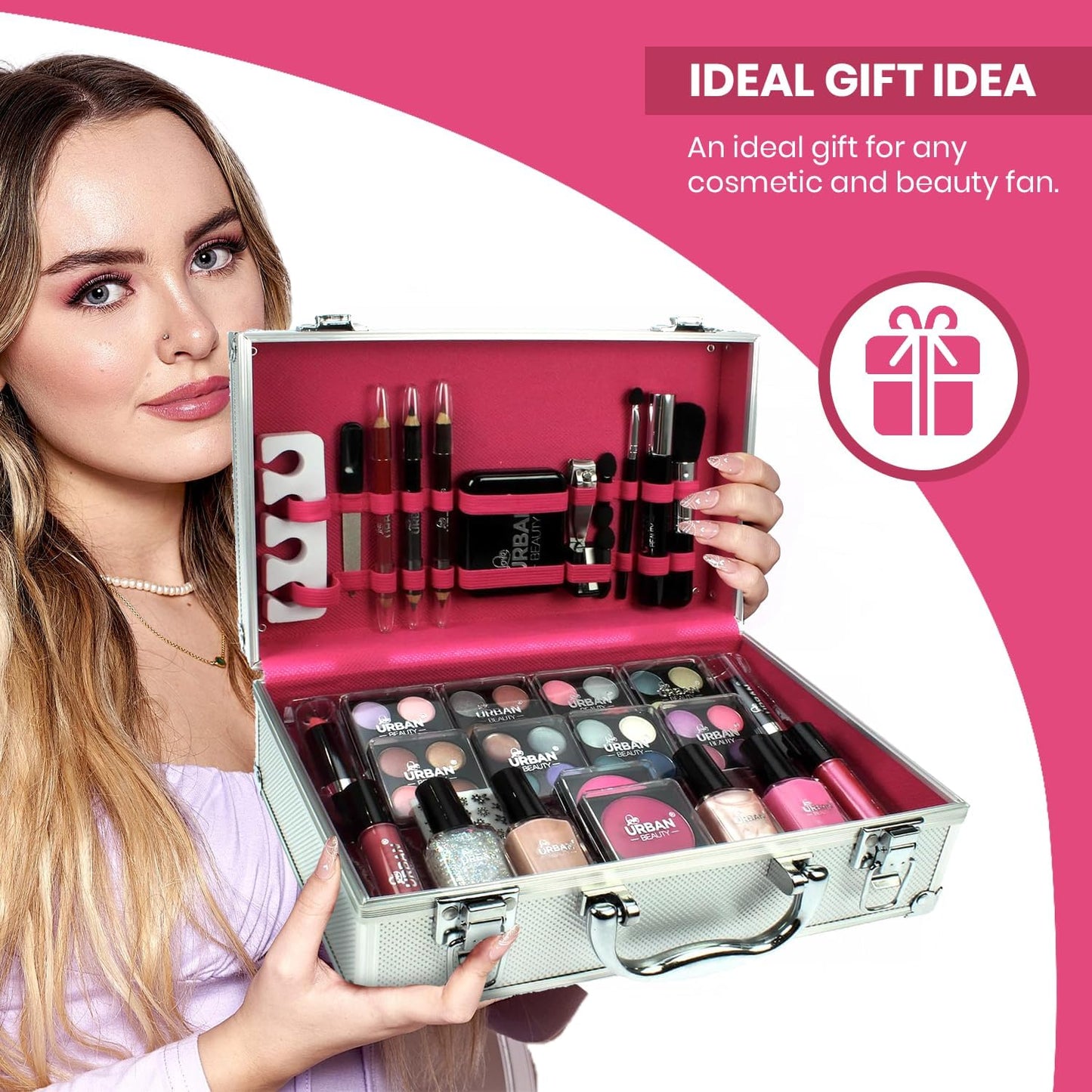 Dazzling 60-Piece Vegan Makeup Set – Elegant Silver Travel Case for Teenagers & Women, Compact & Lightweight Design