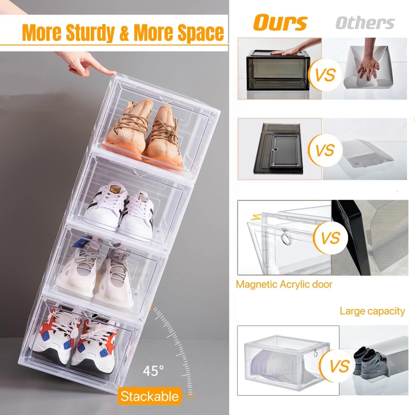 Drop-Front Shoe Storage Boxes – Set of 6 Stackable Clear Door Display Containers for Sneakers