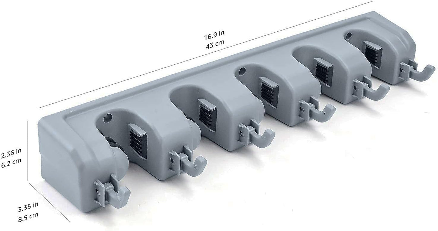 Wall Mount Broom Holder & Garden Tool Organizer – 5 Slot 6 Hook Rack, Heavy-Duty Storage, 43×8.5×6.2cm, Gray