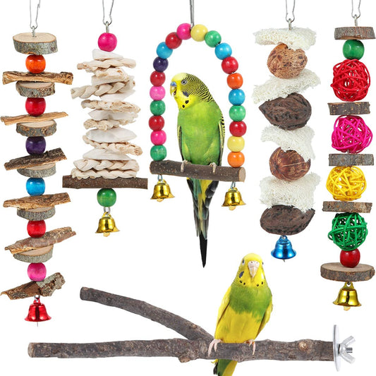 Bird Toys & Perch Set – 6-Pack Wooden Chew Toys & Stand for Parakeets, Cockatiels, Conures, Budgies, Lovebirds & Small to Medium Birds
