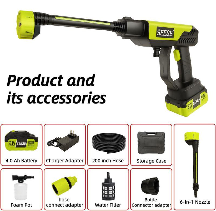 SEESE Cordless Pressure Washer – Portable Bottle-Compatible Power Cleaner with Single Port Charger Base for Car, Home & Garden Use