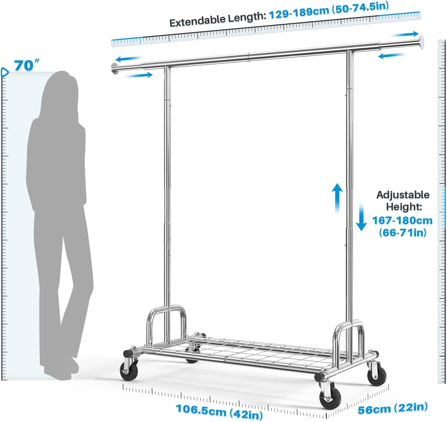 Heavy Duty Clothes Rail – 238Kg Capacity, Extendable Garment Rack with Wheels & Shelves, Space-Saving for Bedroom, Laundry, Apartment – Silver