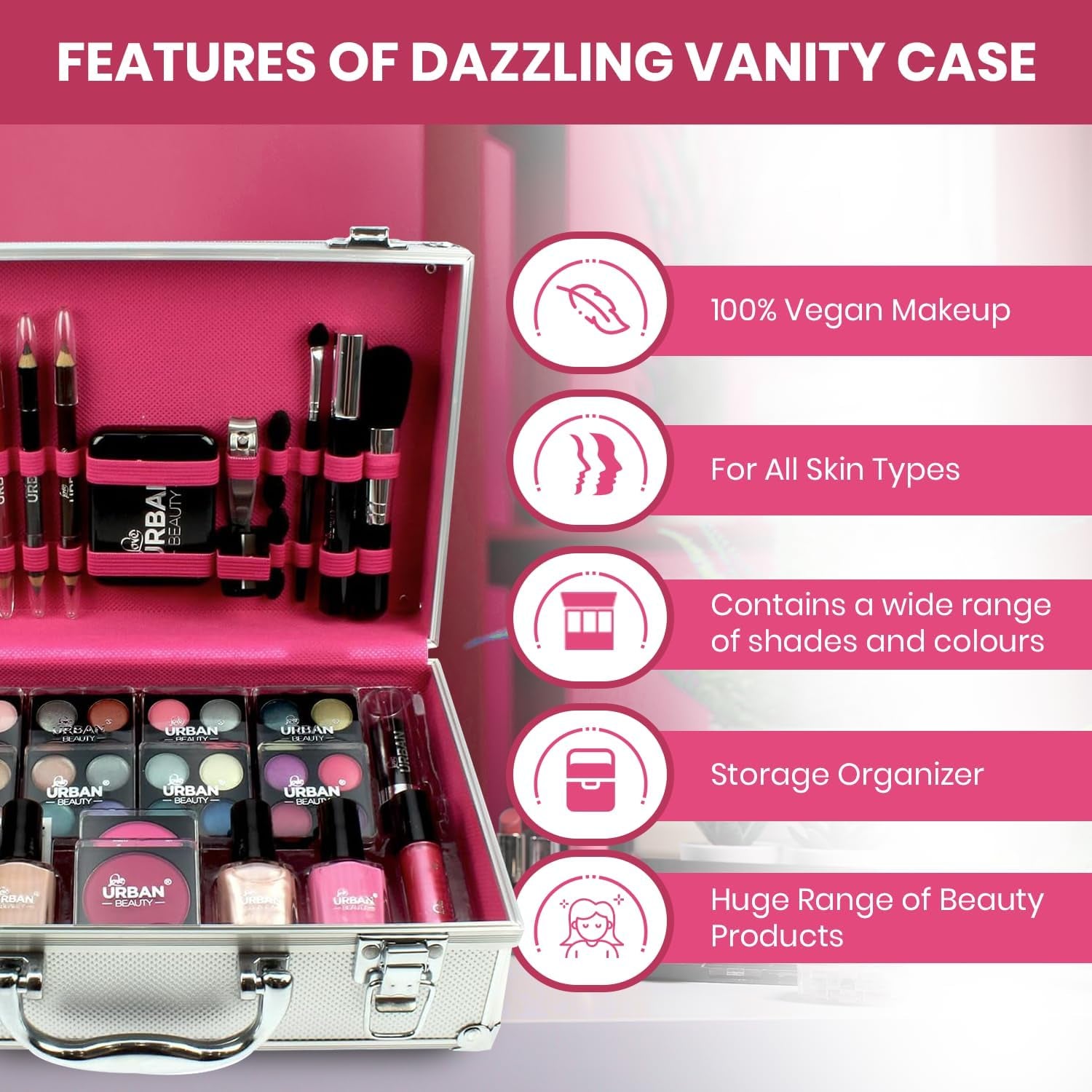 Dazzling 60-Piece Vegan Makeup Set – Elegant Silver Travel Case for Teenagers & Women, Compact & Lightweight Design