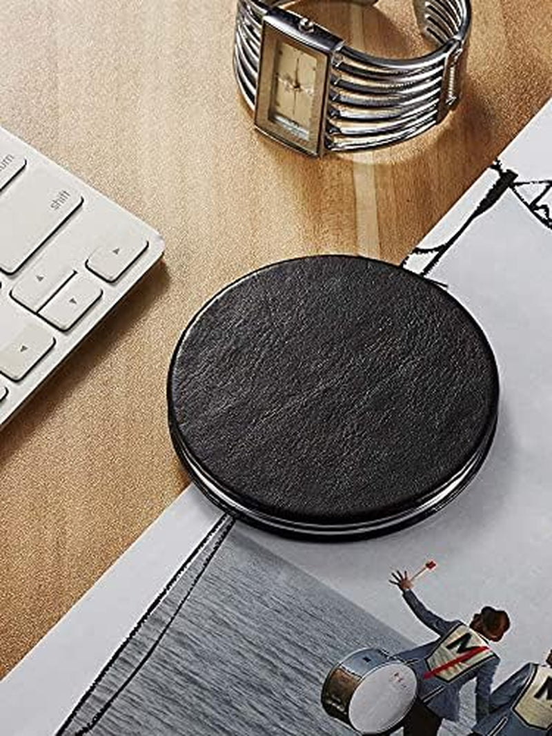 Compact Mirror with 1X/10X Magnification – Round PU Leather Travel Mirror for Purse, Makeup & Touch-Ups (Classic Black)