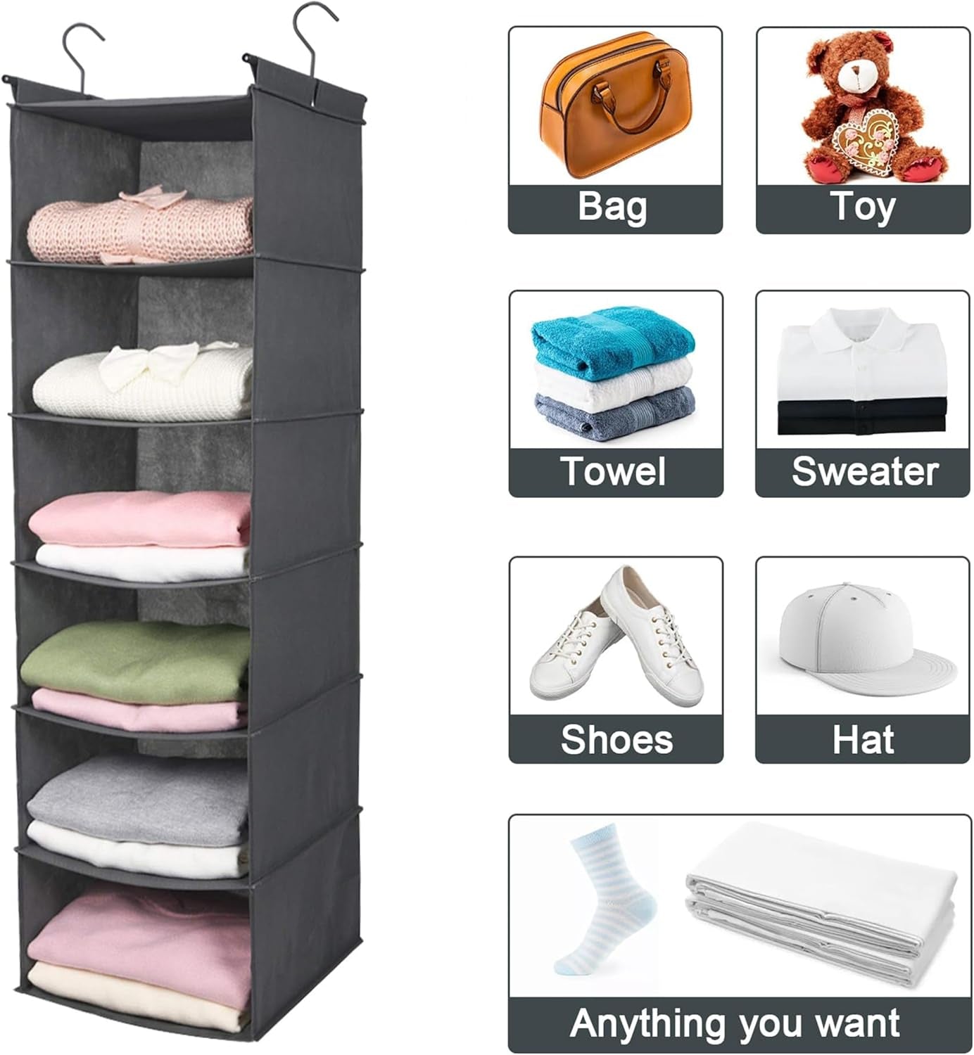6-Tier Hanging Closet Organizer – Foldable Fabric Shelf with 2 Sturdy Hooks for Wardrobe & Storage Organization (Grey)