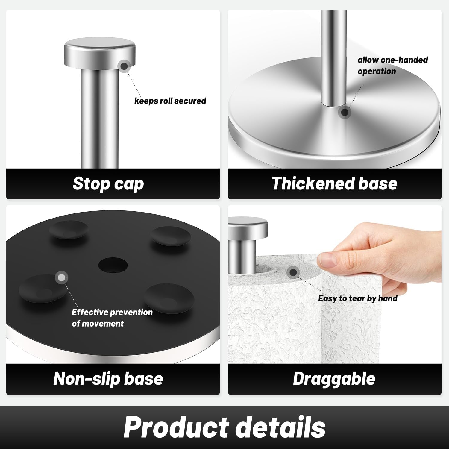 Free-Standing Stainless Steel Kitchen Roll Holder – Waterproof & Rustproof Paper Towel Stand with Suction Cups for Cookhouse, Bathroom & Outdoor Use (Silver)