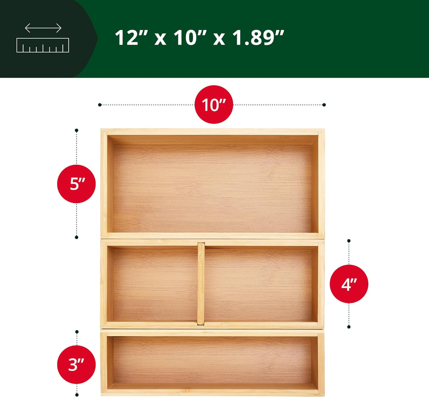 Luxury Bamboo Drawer Organizer Set – 3-Piece Multi-Use Storage Boxes for Kitchen, Bathroom, Office, Makeup & Jewellery