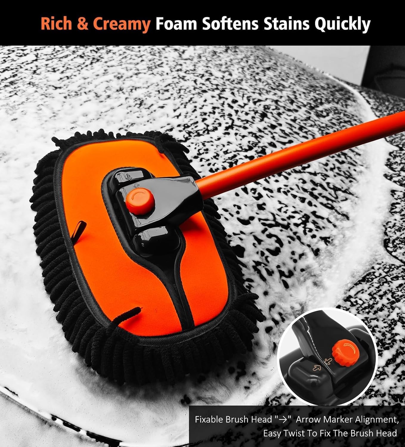 55" Extendable Car Wash Brush Mop – Soft Microfiber Cleaning Kit with Extra Mop Head & Storage Bag for Truck & SUV, Orange