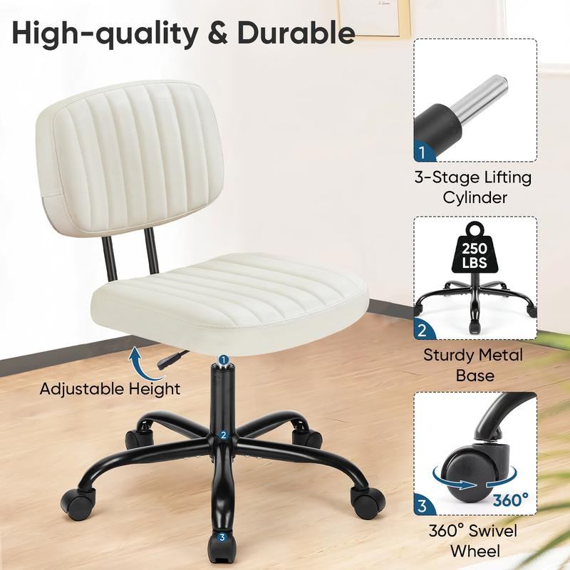 Compact PU Leather Office Chair – Height Adjustable Armless Swivel Task Chair for Small Spaces, Home Office, Bedroom, Student Desk & Vanity Use