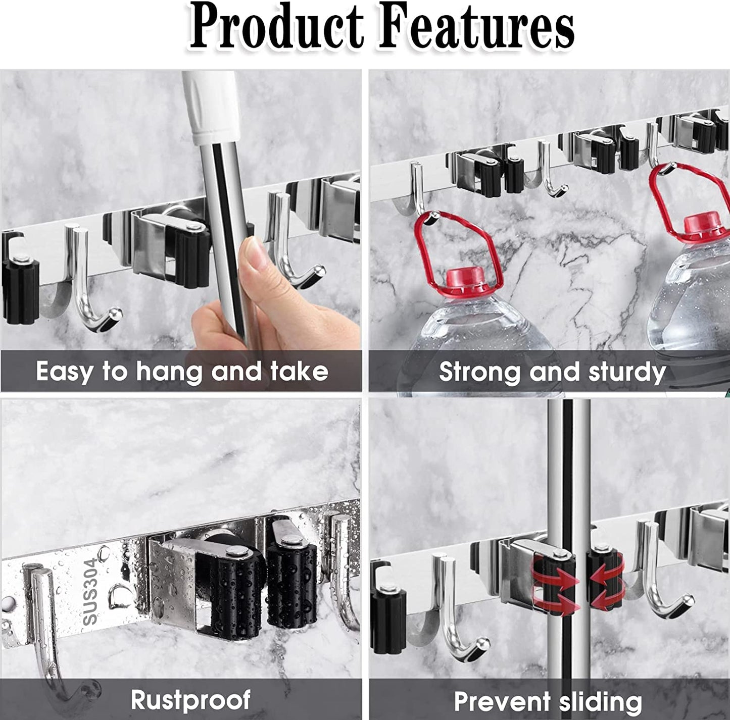 Wall-Mounted Broom & Mop Holder – Heavy Duty Stainless Steel Organizer with 5 Holders & 4 Hooks – Self-Adhesive or Nail Installation for Garage, Kitchen & Utility Room