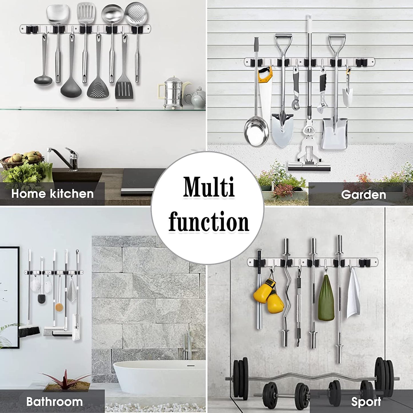 Wall-Mounted Broom & Mop Holder – Heavy Duty Stainless Steel Organizer with 5 Holders & 4 Hooks – Self-Adhesive or Nail Installation for Garage, Kitchen & Utility Room