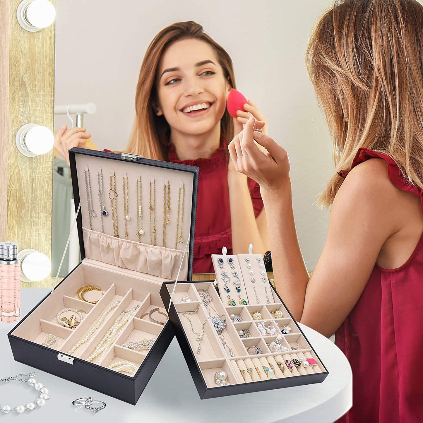 Large Jewellery Box Organiser – 2-Tier Black Storage Case with Removable Dividers for Earrings, Rings, Bracelets & Necklaces, Ideal Gift for Women