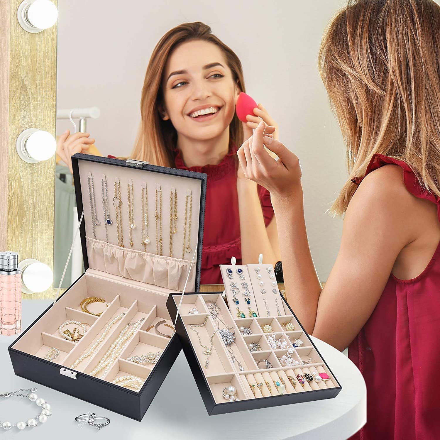Large Jewellery Box Organiser – 2-Tier Black Storage Case with Removable Dividers for Earrings, Rings, Bracelets & Necklaces, Ideal Gift for Women