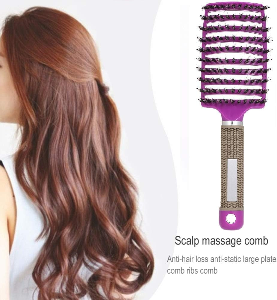 Boar Bristle Hair Brush Set – Curved & Vented Detangling Brushes for Smoothing, Styling & Shine (Pink + Purple)