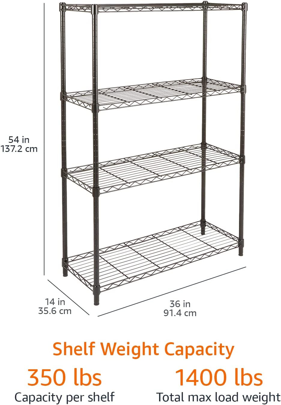 Heavy-Duty 4-Shelf Storage Unit – Black Adjustable Shelving Rack with Levelling Feet, 640kg Capacity, 91.4×35.6×137.1cm