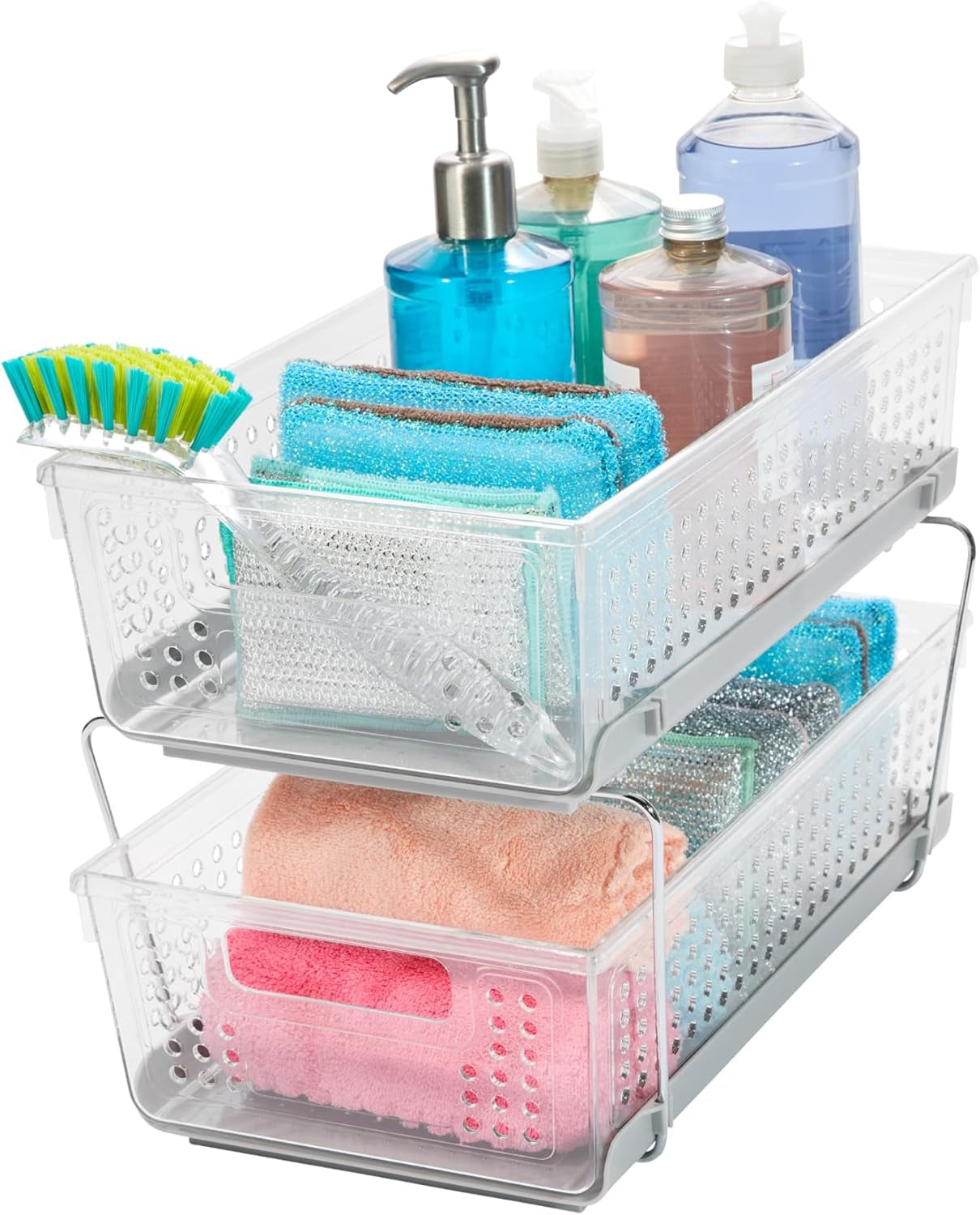 2-Tier Plastic Multipurpose Organizer Rack – Frosted Under-Sink Storage with Divided Slide-Out Bins for Cabinets, Bathrooms & Kitchen Spaces