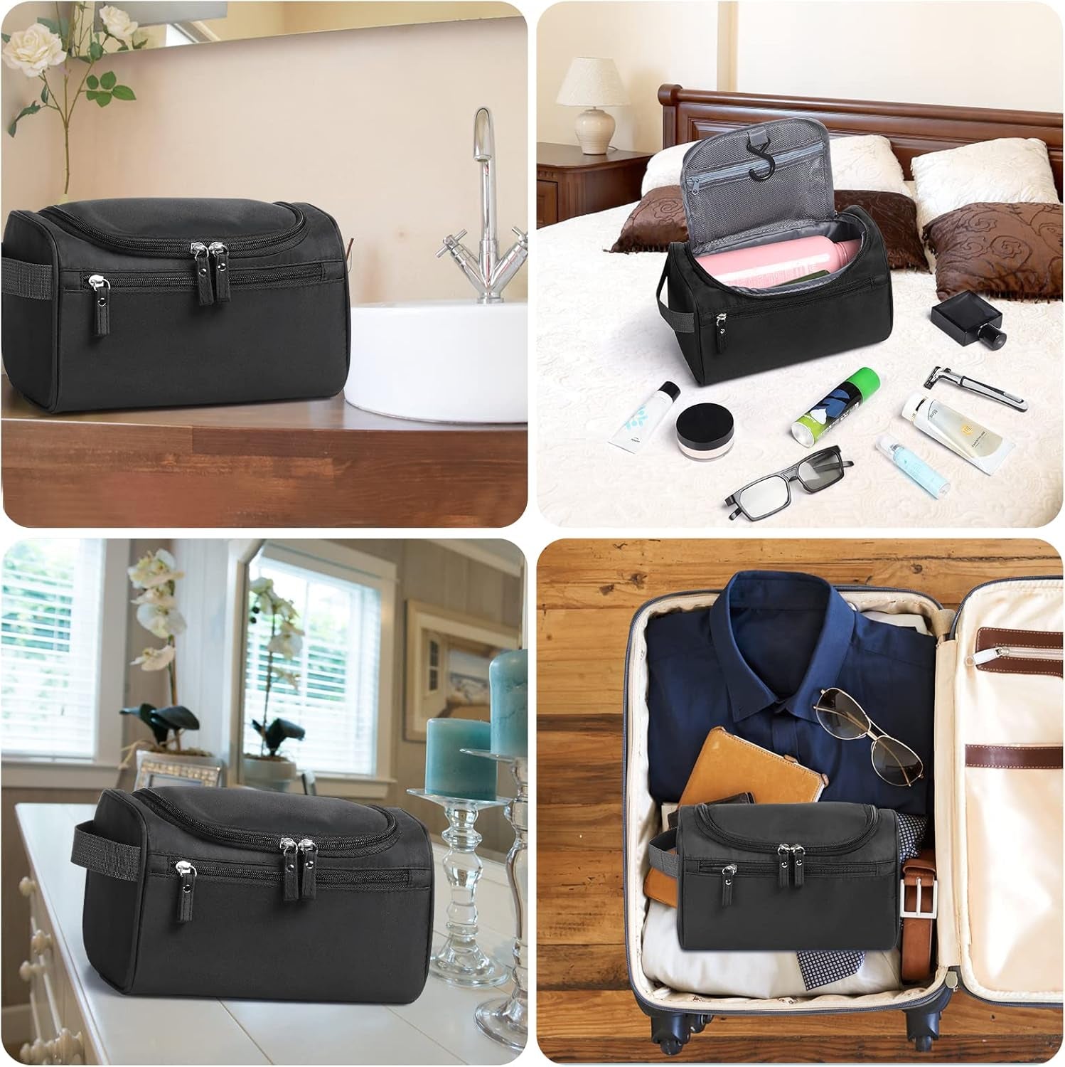 Hanging Toiletry Bag – Waterproof Travel Wash Organizer for Men & Women, Black Makeup & Bathroom Essentials Case