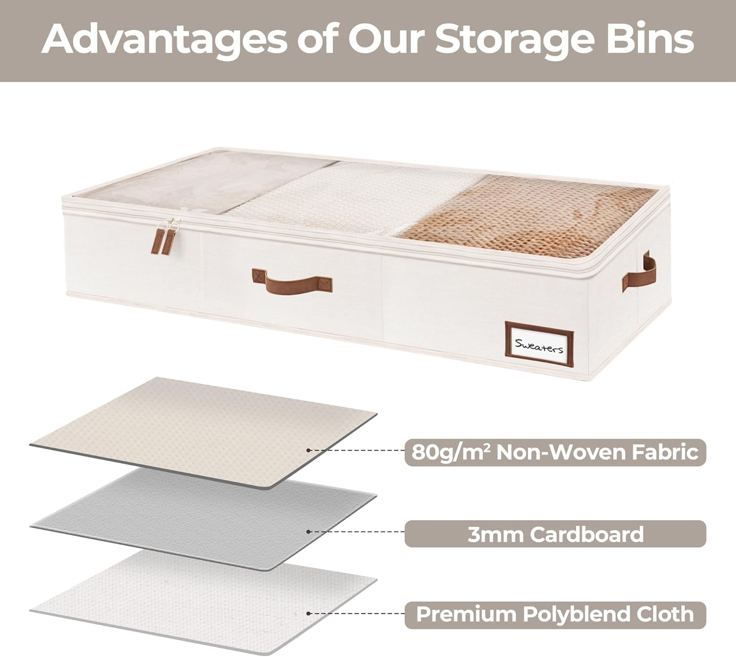 Underbed Storage Boxes with Lids – 2-Pack Large Rigid Containers for Clothes, Bedding & Bedroom Accessories, Ultra-Thick Ivory White Organisers