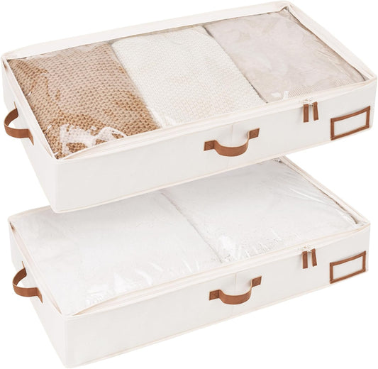 Underbed Storage Boxes with Lids – 2-Pack Large Rigid Containers for Clothes, Bedding & Bedroom Accessories, Ultra-Thick Ivory White Organisers