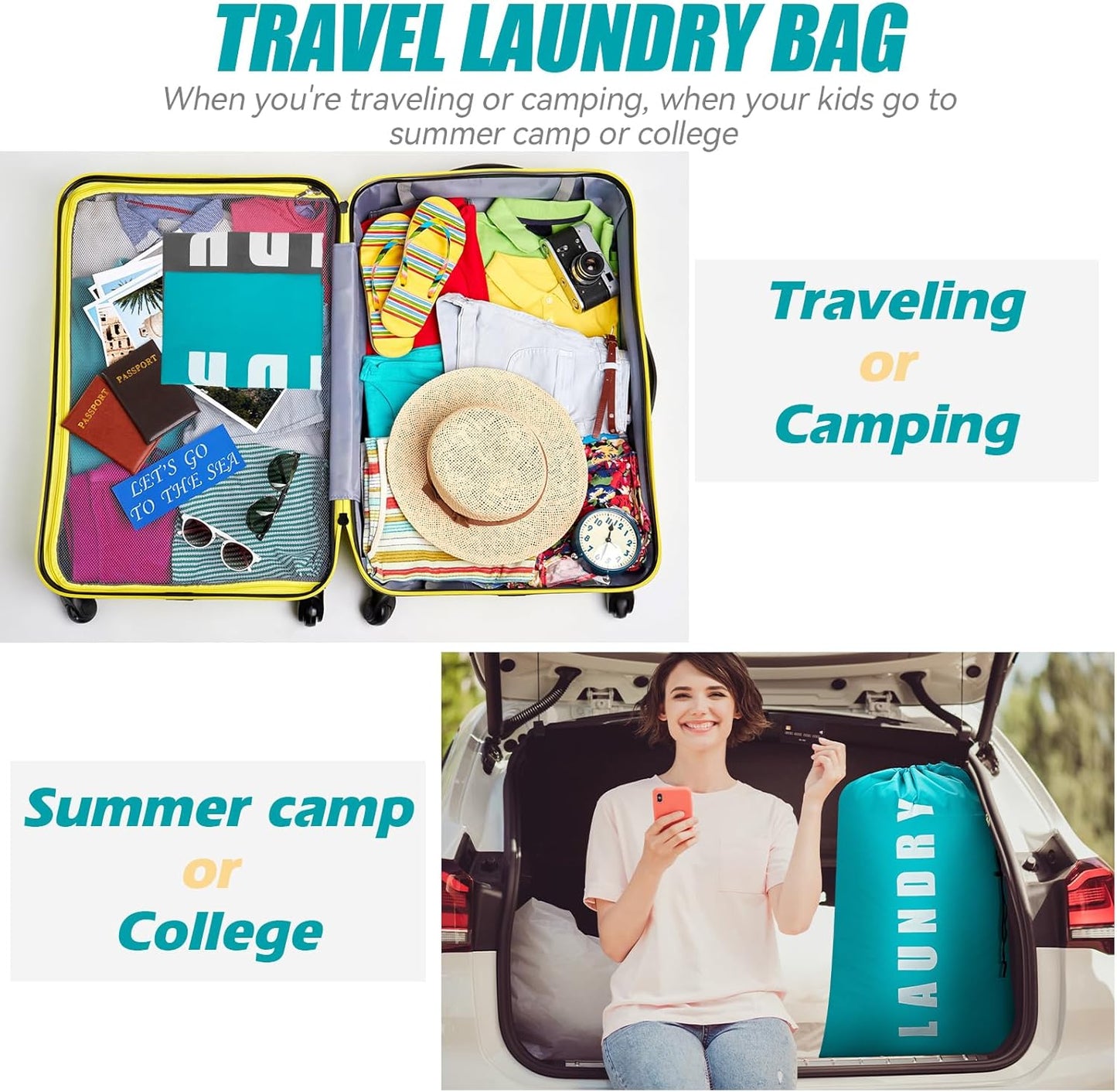 2-Pack Travel Laundry Bags – Large 24"x36" Dirty Clothes Bags for Camping & Travel, Cyan + Gray