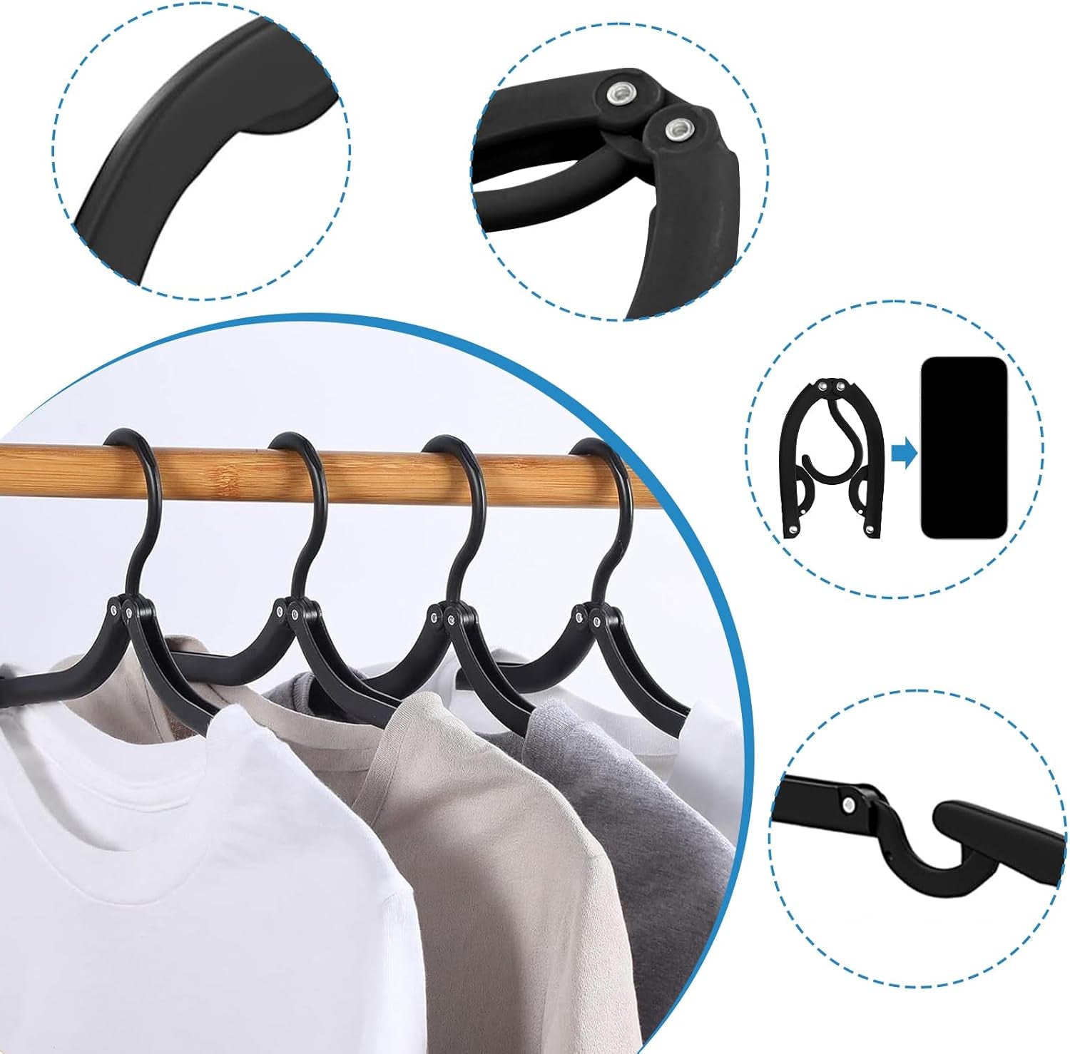 Neele 12-Pack Foldable Travel Hangers – Black Portable Clothes Hangers for Camping, Hotel & Small Spaces