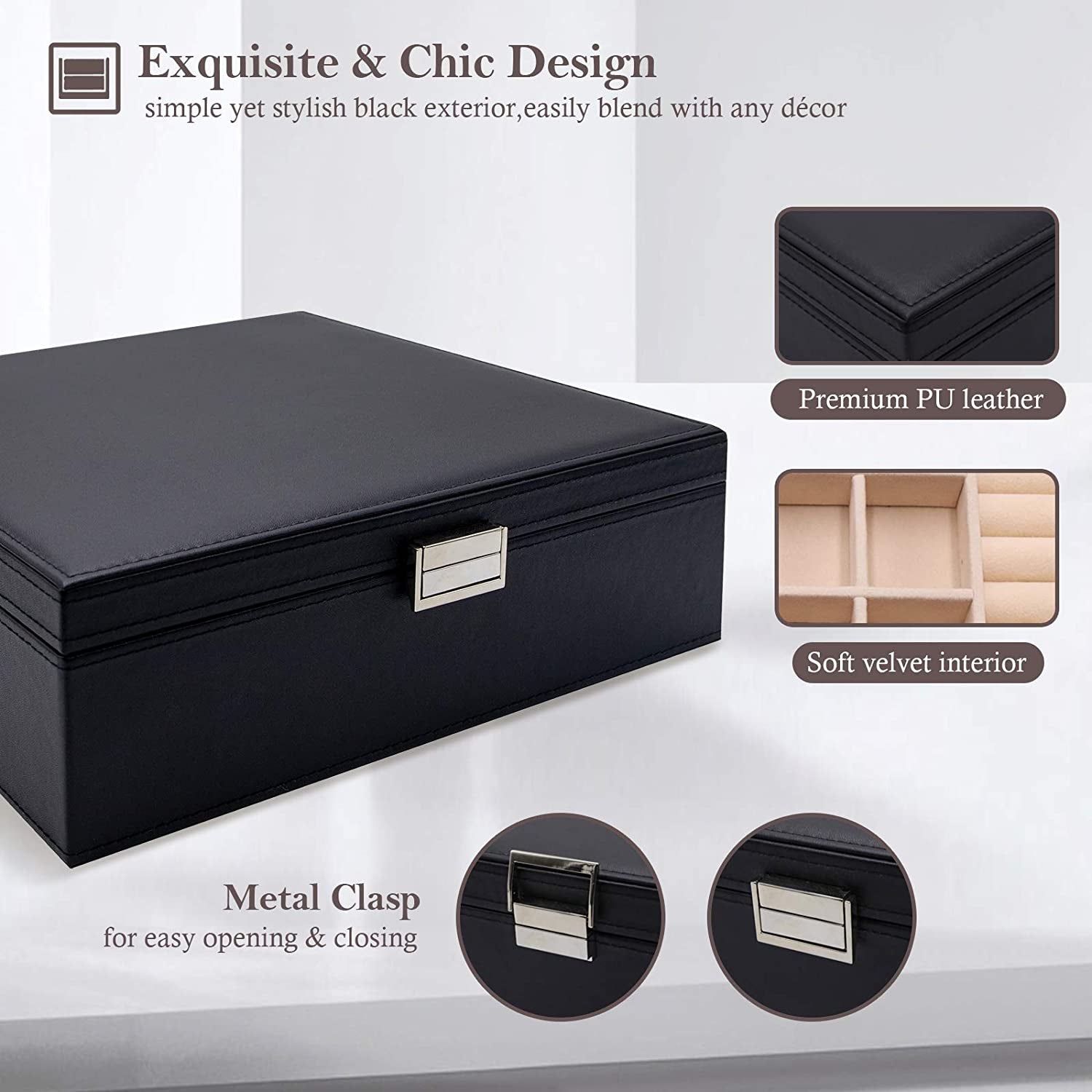 Large Jewellery Box Organiser – 2-Tier Black Storage Case with Removable Dividers for Earrings, Rings, Bracelets & Necklaces, Ideal Gift for Women