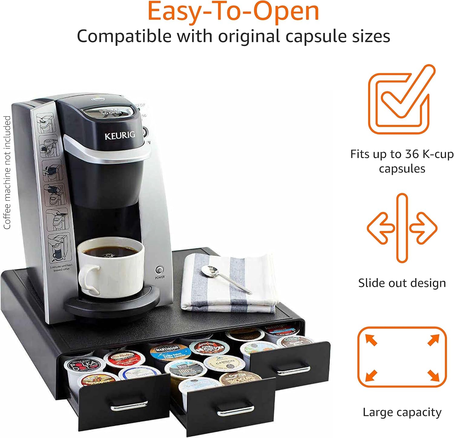 Coffee Pod Storage Drawer – Black Organizer for 36 K-Cup Pods, Space-Saving Countertop Holder