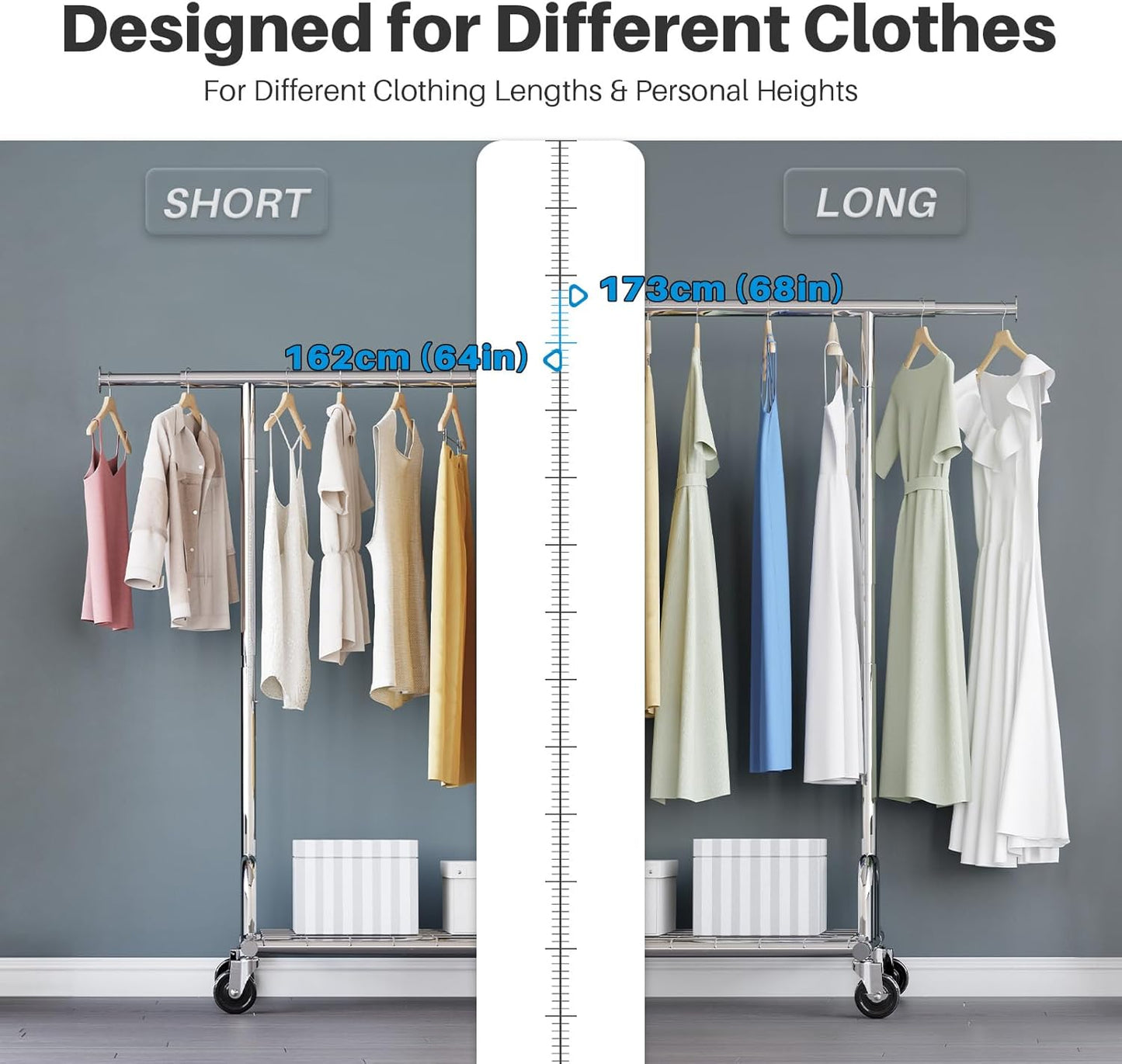 Heavy Duty Clothes Rail – 238Kg Capacity, Extendable Garment Rack with Wheels & Shelves, Space-Saving for Bedroom, Laundry, Apartment – Silver
