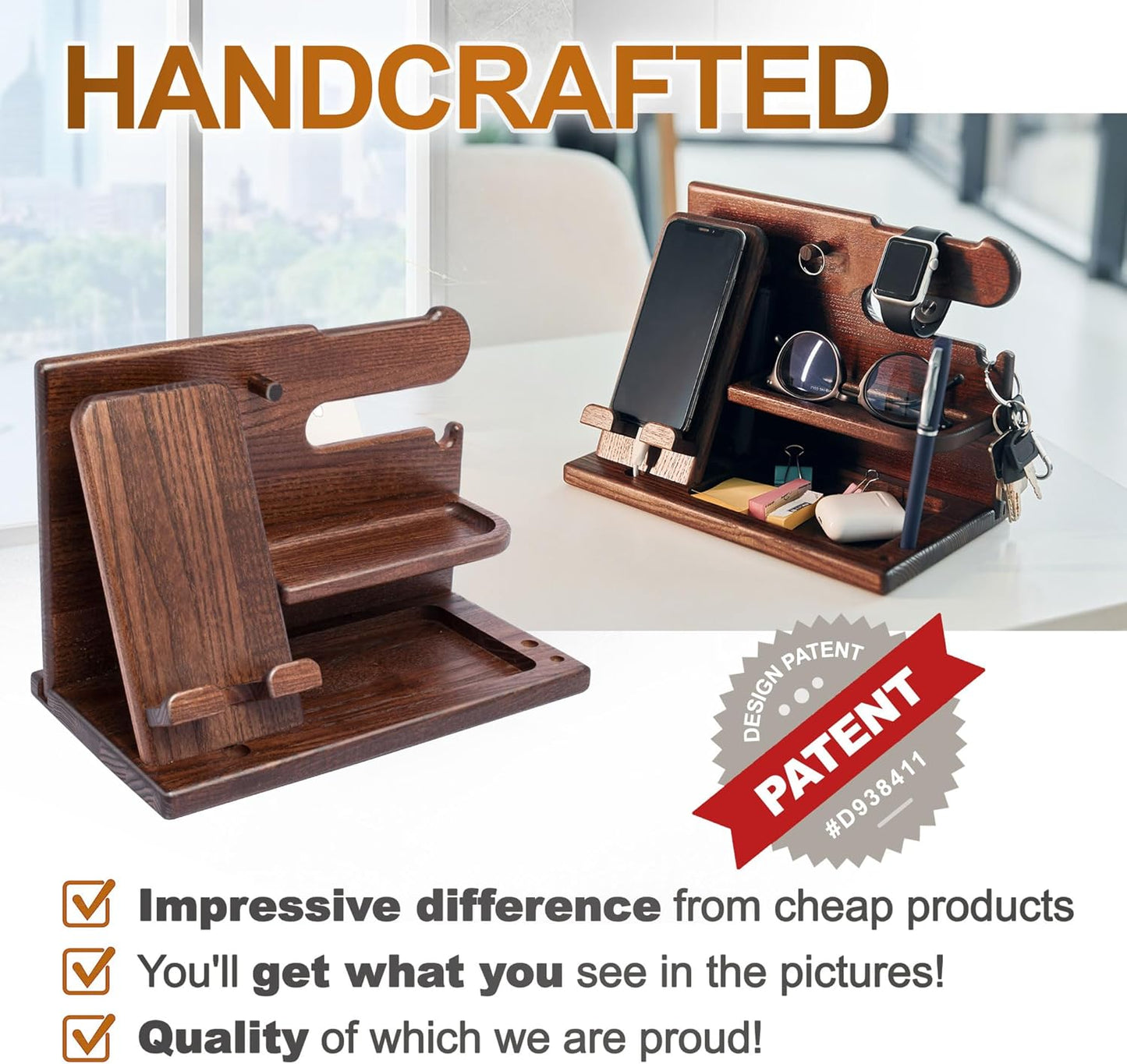Wood Phone Docking Station Desk Organizer – Nightstand Key & Wallet Stand, Gift for Men, Dad, Boyfriend, Husband (Xmas, Birthday, Anniversary)