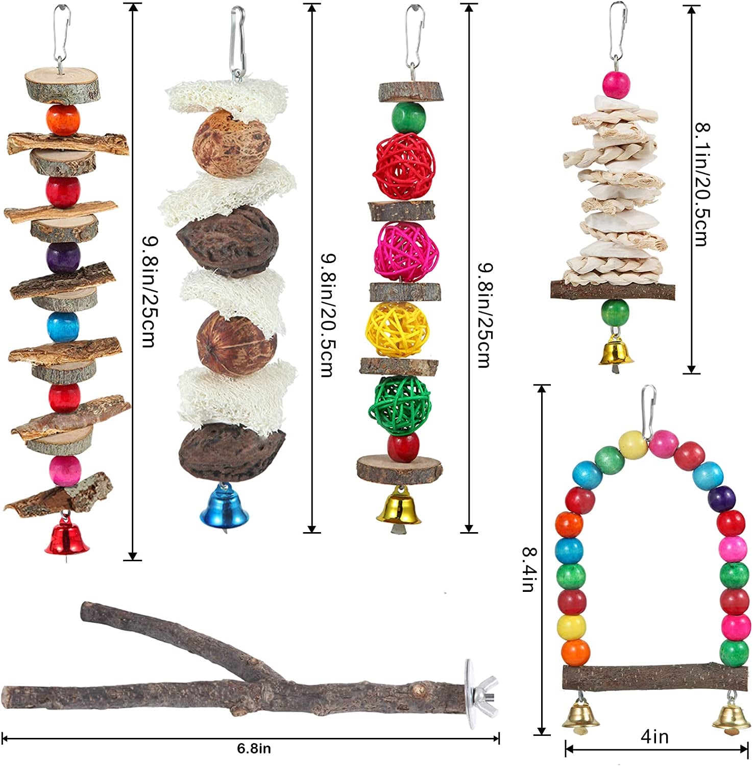 Bird Toys & Perch Set – 6-Pack Wooden Chew Toys & Stand for Parakeets, Cockatiels, Conures, Budgies, Lovebirds & Small to Medium Birds