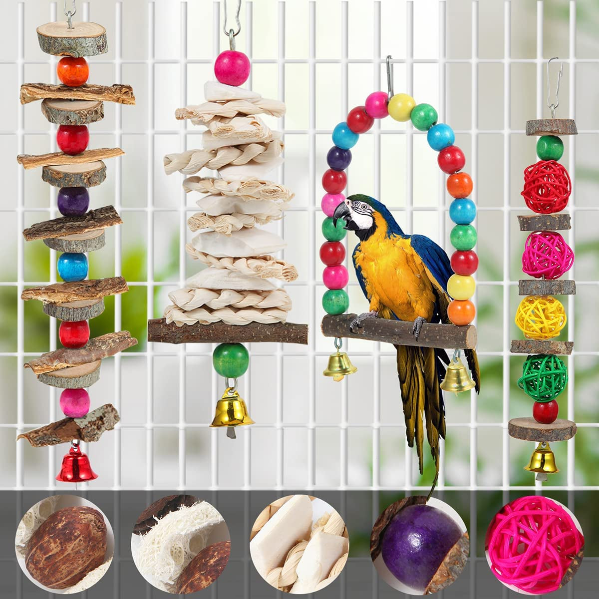 Bird Toys & Perch Set – 6-Pack Wooden Chew Toys & Stand for Parakeets, Cockatiels, Conures, Budgies, Lovebirds & Small to Medium Birds