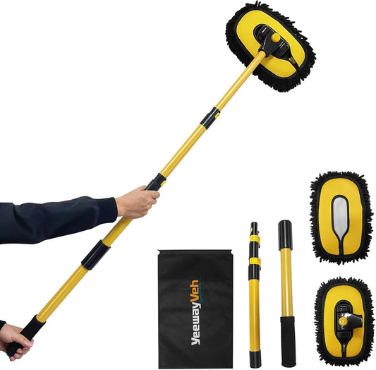 55" Car Wash Brush with Long Handle – 15° Curved Extendable Cleaning Mop with Replaceable Microfiber Head & Storage Bag for RV, Truck, Camper (Orange)