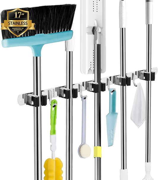 Wall-Mounted Broom & Mop Holder – Heavy Duty Stainless Steel Organizer with 5 Holders & 4 Hooks – Self-Adhesive or Nail Installation for Garage, Kitchen & Utility Room