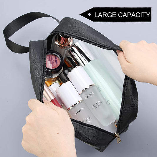 3-Piece Clear Toiletry Bag Set – Waterproof PVC Travel Makeup & Wash Bags with Zipper for Women & Men (Black)