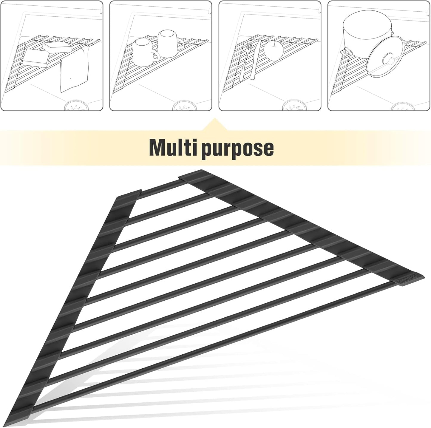 Small Triangle Roll-Up Dish Drying Rack – Black Silicone-Coated Stainless Steel Over-the-Sink Drainer for Sink Corners & Space-Saving Kitchen Storage